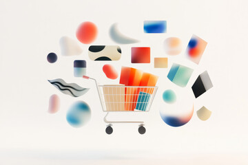 Poster - Shopping cart surrounded by colorful abstract shapes creating a vibrant marketplace atmosphere