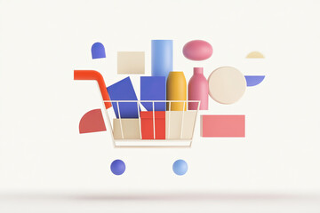 Poster - Colorful shopping cart filled with geometric shapes and vibrant objects in a minimalist setting