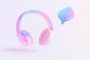 Poster - Trendy flat design headphones with speech bubble in pastel colors highlighting audio and communication