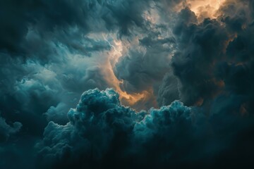 Wall Mural - Dramatic storm clouds fill the sky as lightning flashes, creating a powerful and ominous scene at sunset