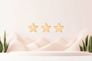 Poster - Creative flat design showcasing three stars on a minimalistic studio backdrop with soft hills and greenery