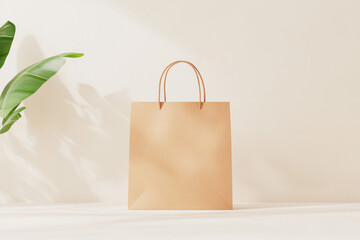 Poster - Flat-style illustration of a simple brown bag mockup on a minimalist background with natural elements