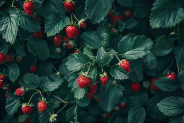 Wall Mural - Close up of fresh, red strawberries ripening on healthy, green plants, ready for harvest