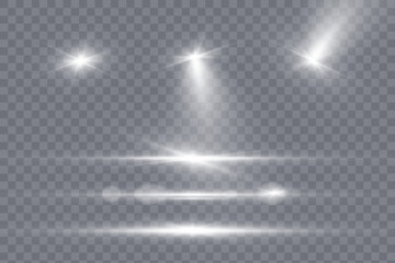 Poster - Glowing light effects. Sparkling and shining stars, bright flashes of lights with rays and glare. isolated on transparent background. Vector