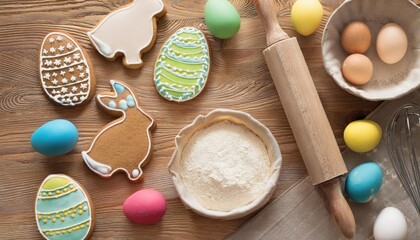 Wall Mural - Easter greeting card with cooking homemade gingerbread cookies and colorful eggs