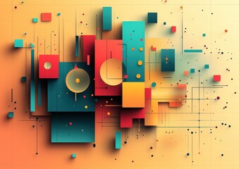 Poster - A vibrant abstract design featuring geometric shapes in red, teal, and orange, with dynamic lines and dots against a warm background.