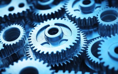 Poster - A close-up of interlocking blue gears, showcasing intricate details and a metallic finish, symbolizing mechanics and engineering.