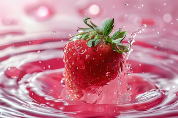 Poster - Ripe strawberry making a splash as it plunges into pink water, creating beautiful concentric ripples and droplets
