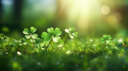 Poster - Lush Green Three-Leaved Plants Illuminated by Soft Light Against a Blurred Natural Background in a Tranquil Setting