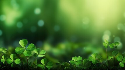 Poster - Serene Green Background with Delicate Three-Leaved Plants and Soft Light Creating a Tranquil Atmosphere for Nature Inspired Imagery