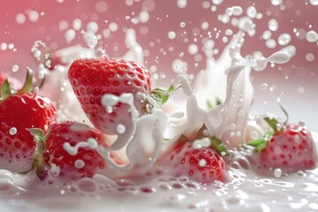 Poster - Fresh strawberries making a splash in a bowl of milk, creating a dynamic and refreshing scene