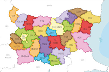  Vector illustrated regional map of Bulgaria with provinces and administrative divisions, and neighbouring countries and territories. Editable and clearly labeled layers.