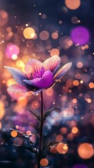 Wall Mural - Flower blossoms in the twilight with sparkling droplets and soft bokeh lights creating a magical atmosphere
