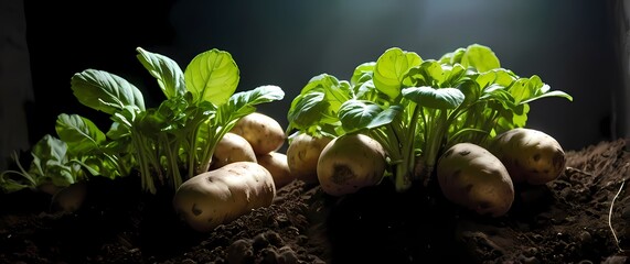 Wall Mural - Earthy closeup of potatoes thriving in rich soil their vibrant greens peeking through showcasing the beauty of home gardening