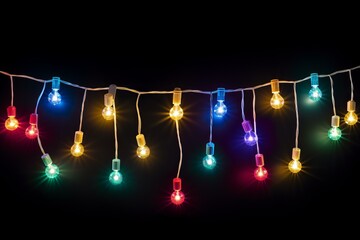 Poster - String of colorful glowing light bulbs hanging against a dark background, creating a festive atmosphere