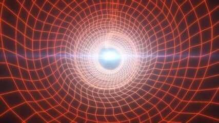 Poster - A warm-toned digital tunnel with orange wireframe gridlines surrounding a glowing central sphere, symbolizing futuristic energy, technology, and data flow background