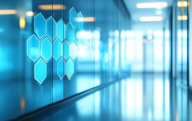 Wall Mural - Blue Hexagon Pattern on Glass Wall in Modern Office Corridor