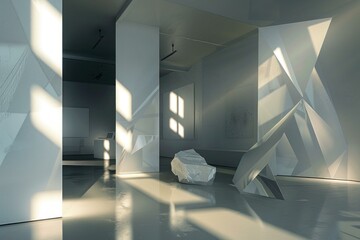 Poster - sunbeams illuminating contemporary art gallery with abstract sculptures, creating an atmosphere of i
