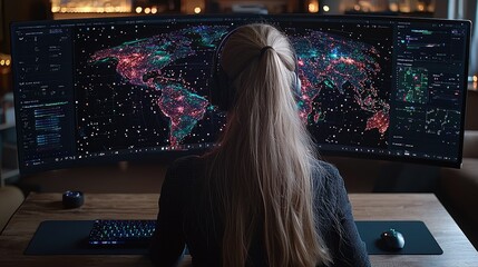 Poster - Woman Viewing Global Data Network On Large Screen