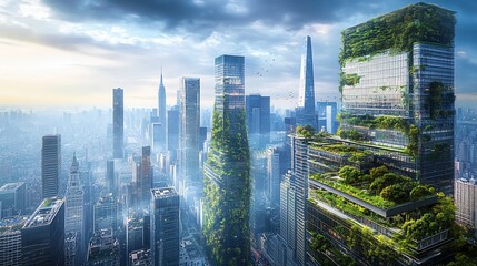 Wall Mural - Eco-city skyline, futuristic skyscrapers, green roofs, urban landscape, sustainable future