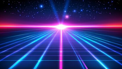 Wall Mural - neon grid perspective retro futuristic digital landscape with vibrant blue and pink colors