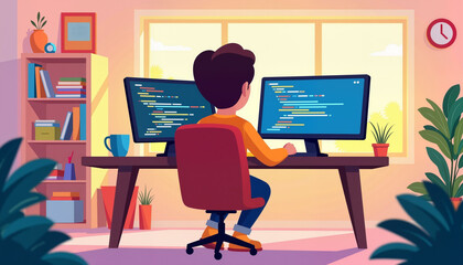 Playful coding character working at colorful desk with monitors, creativity