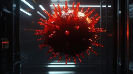 Poster - D-rendered model of an artificially engineered virus being studied in a high-tech synthetic biology lab.