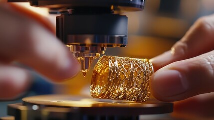 Poster - AI-controlled D printer crafting an intricate jewelry piece with gold filament.