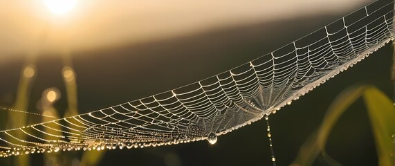 Wall Mural - Delicate closeup of dewdrops clinging to a spiders web capturing the beauty of natures artistry in the early morning light