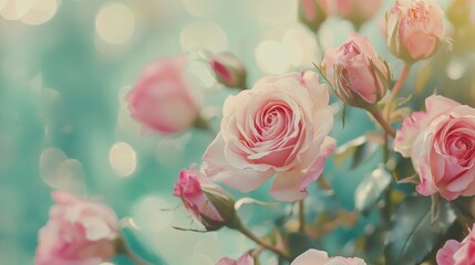 Poster - A cluster of soft pink roses unfolds under warm sunlight, surrounded by lush green foliage. The petals glisten with dew, creating a peaceful atmosphere filled with nature's elegance