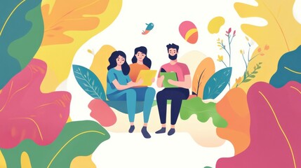 Fototapete - Illustration of people using tablets, notebooks to view information or work, bright colors.