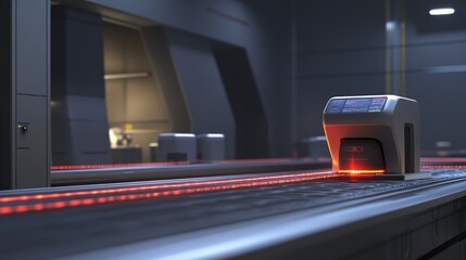 Poster - AI-powered quality control system scanning products on a conveyor belt with laser precision, futuristic industry.