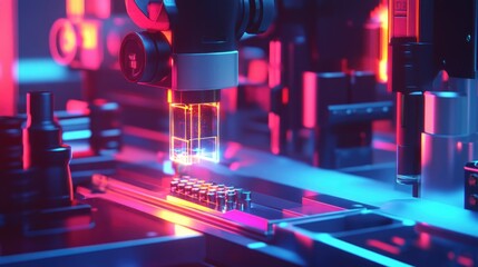 Poster - AI-powered quality control system scanning products on a conveyor belt with laser precision, futuristic industry.