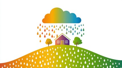 Poster - colorful raincloud logo design with vibrant raindrops over a house and trees on a lush green hill ag