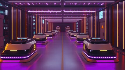 Poster - An ultra-modern logistics facility with AI-powered autonomous vehicles moving goods.