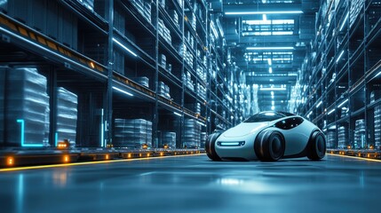 Poster - An ultra-modern logistics facility with AI-powered autonomous vehicles moving goods.