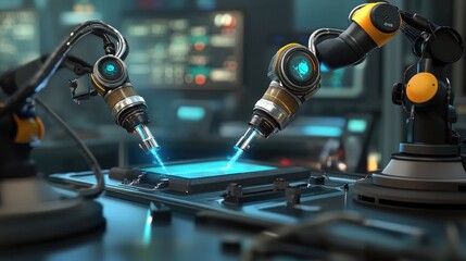 Poster - Autonomous AI-driven robots collaborating in a high-tech research lab, sharing real-time data.
