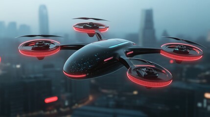 Poster - Autonomous drone fleet coordinating aerial deliveries in a futuristic smart city.