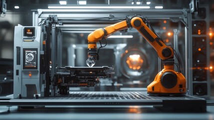Poster - Autonomous robotic arm assisting a D printer in assembling intricate mechanical parts.