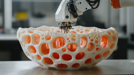 Poster - Autonomous robotic arm assisting a D printer in assembling intricate mechanical parts.