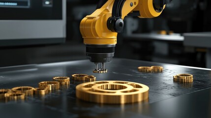 Poster - Autonomous robotic arm assisting a D printer in assembling intricate mechanical parts.
