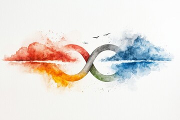 Poster - Abstract watercolor depiction of infinity symbol blending warm and cool colors with birds in tranquil sky setting