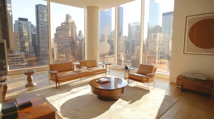 Poster - A bright corporate workspace with large glass windows, wooden floors, and neutral-colored furniture.