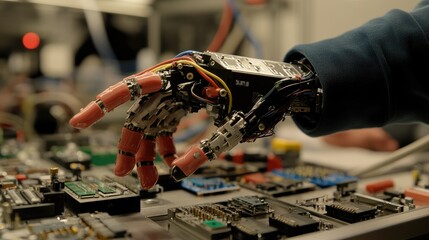 Poster - A close-up of a precision robotic hand operating delicate assembly work in an electronics factory.