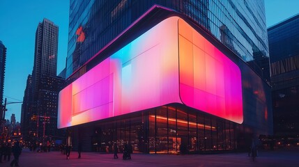 Poster - Dynamic LED Facade on Skyscraper, Moving Digital Art Display, Innovative Architectural Design, Vibrant Nighttime Cityscape, Captivating Urban Experience