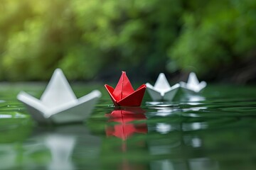 Canvas Print - A vibrant red paper boat floats among white ones on a serene green pond, reflecting nature's tranquility. Bold Red Vessel at the Helm