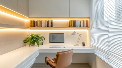 Poster - A cozy home office nook with warm LED strip lights, a neat bookshelf, and bright white walls.