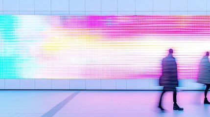 Poster - Vibrant LED Wall Art in Seoul, Dynamic AI Creations on Display, Urban Landscape Interaction, Pedestrians in Motion, Engaging City Experience