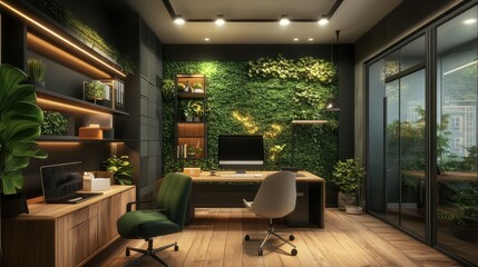 Poster - A fresh and lively workspace with green walls, soft bright lighting, and modern ergonomic furniture.