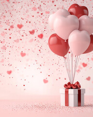 Poster - A vibrant Valentineâ€™s Day scene showcasing pink and red balloons, heart confetti, and a beautiful gift-wrapped present on a pastel background,